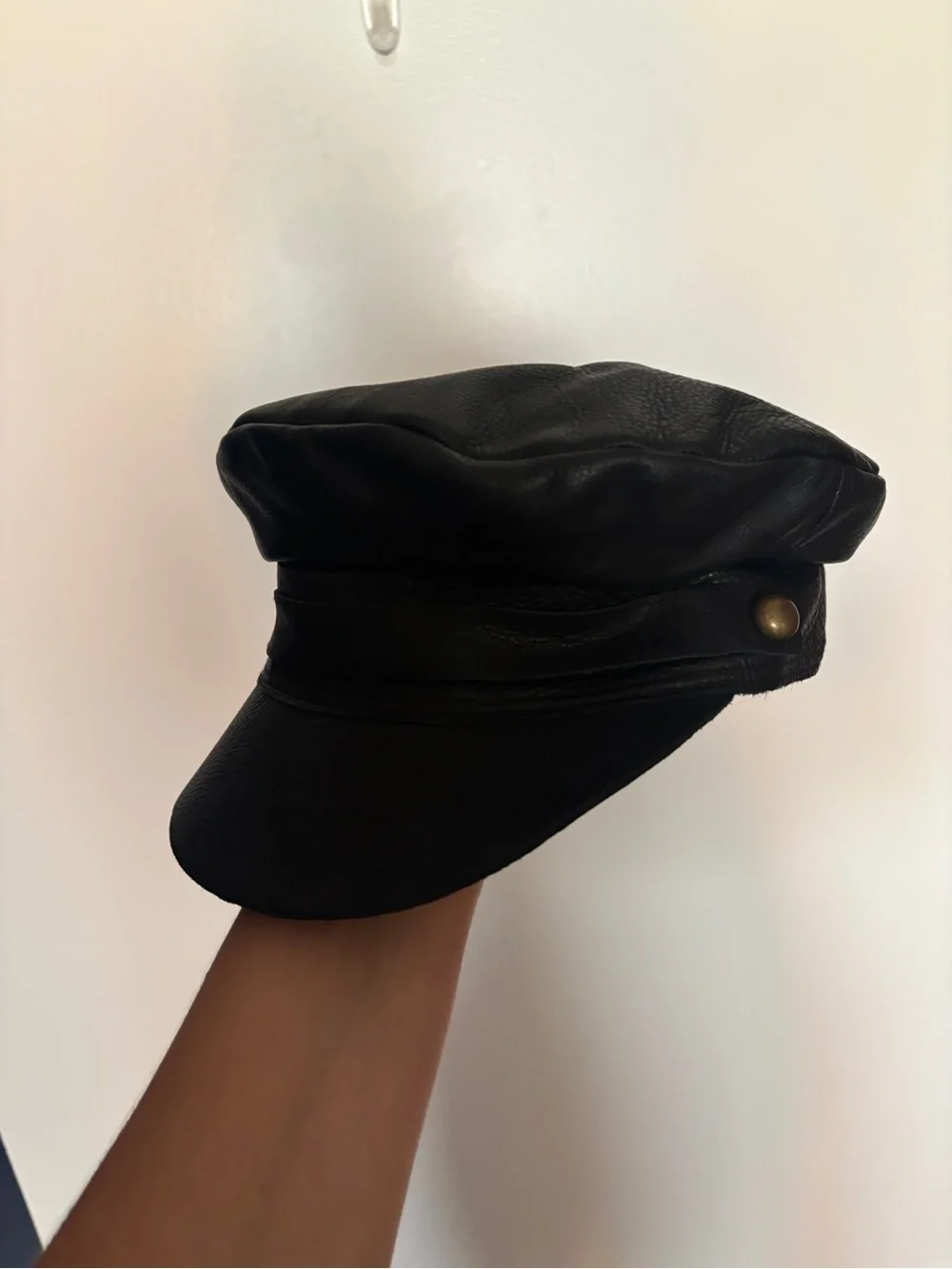 Lack of Color Black Leather Baker Boy Hat with Brass Button Detail